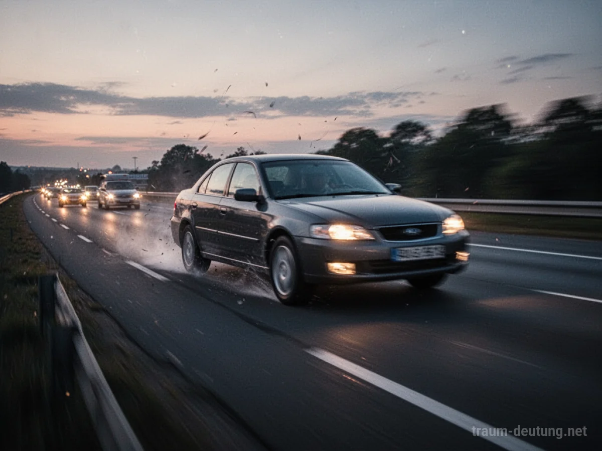 Auto gerät auf einer Autobahn ins Schleudern im Dämmerlicht.
