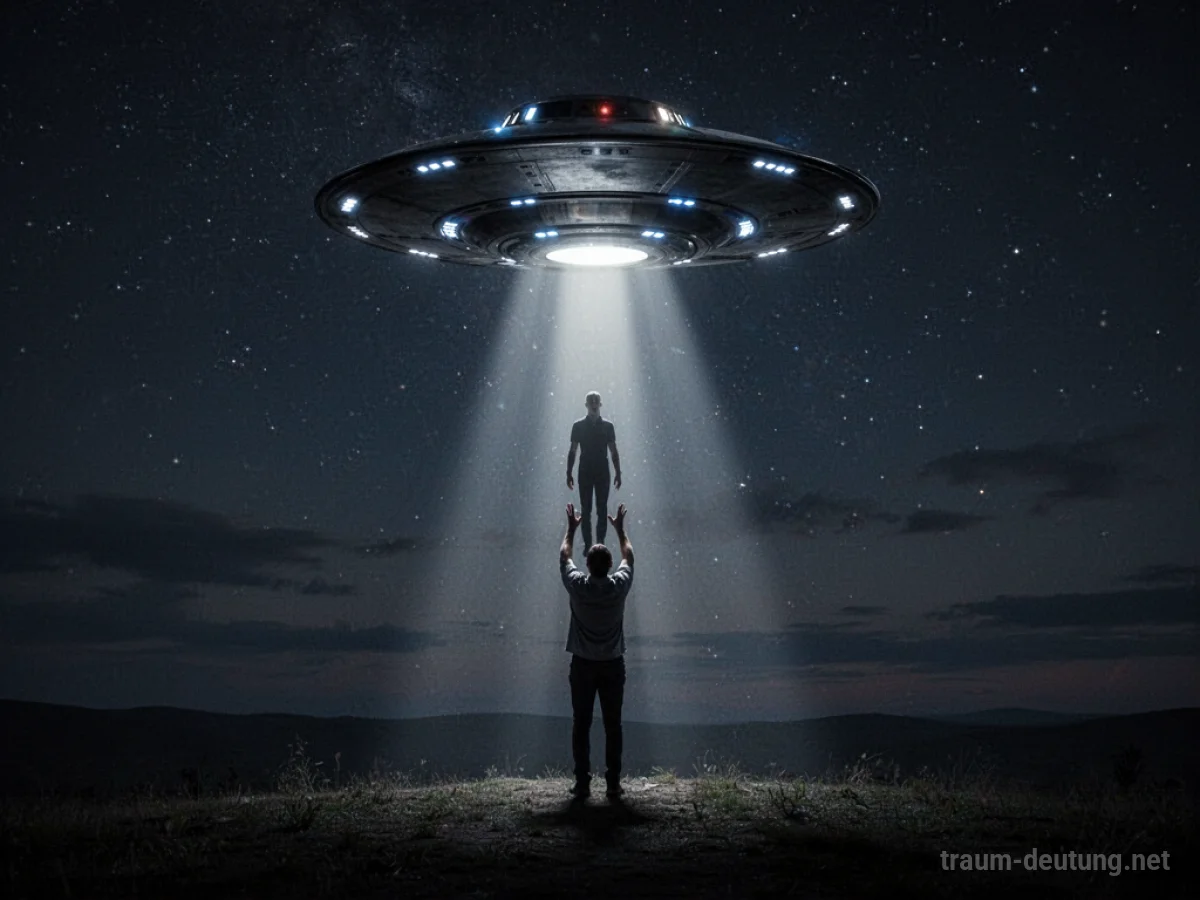 Eine Person wird von einem UFO in einem Lichtstrahl in den Nachthimmel gezogen.