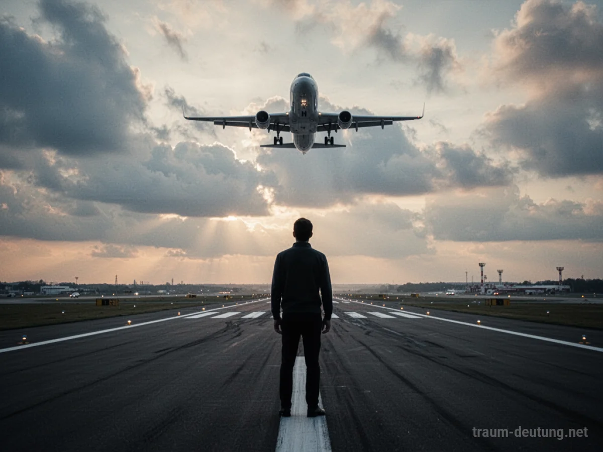 Person steht auf Flughafen-Startbahn und blickt auf abhebendes Flugzeug.