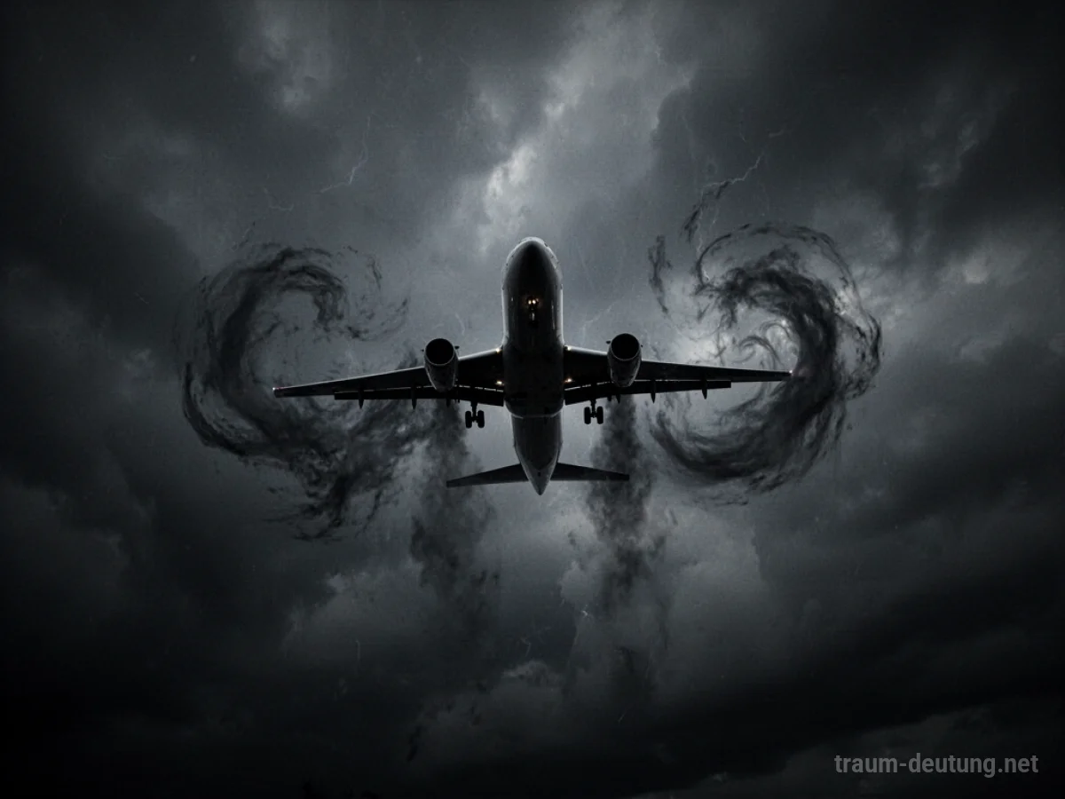 Silhouette eines Flugzeugs, das im dunklen, stürmischen Himmel abstürzt.