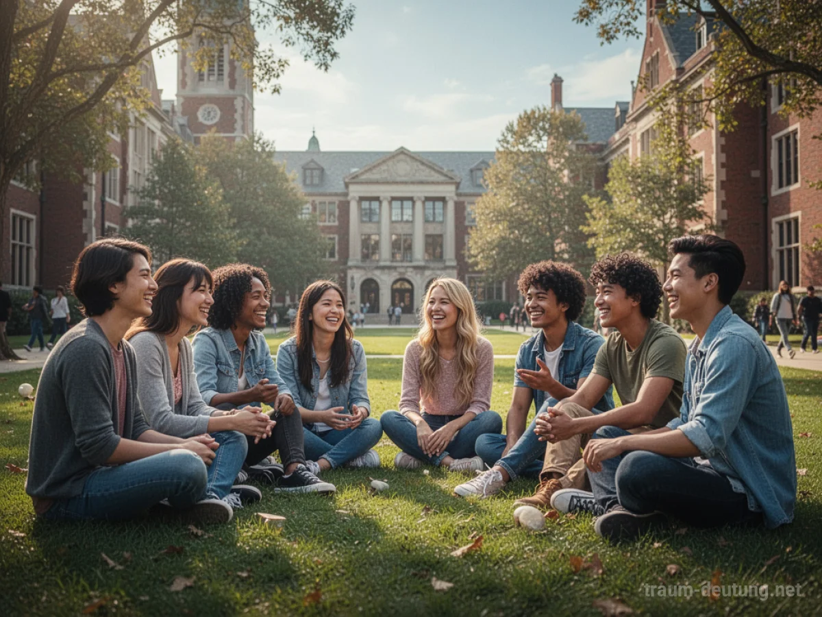 Freunde unterhalten sich lachend auf dem Campus einer Universität