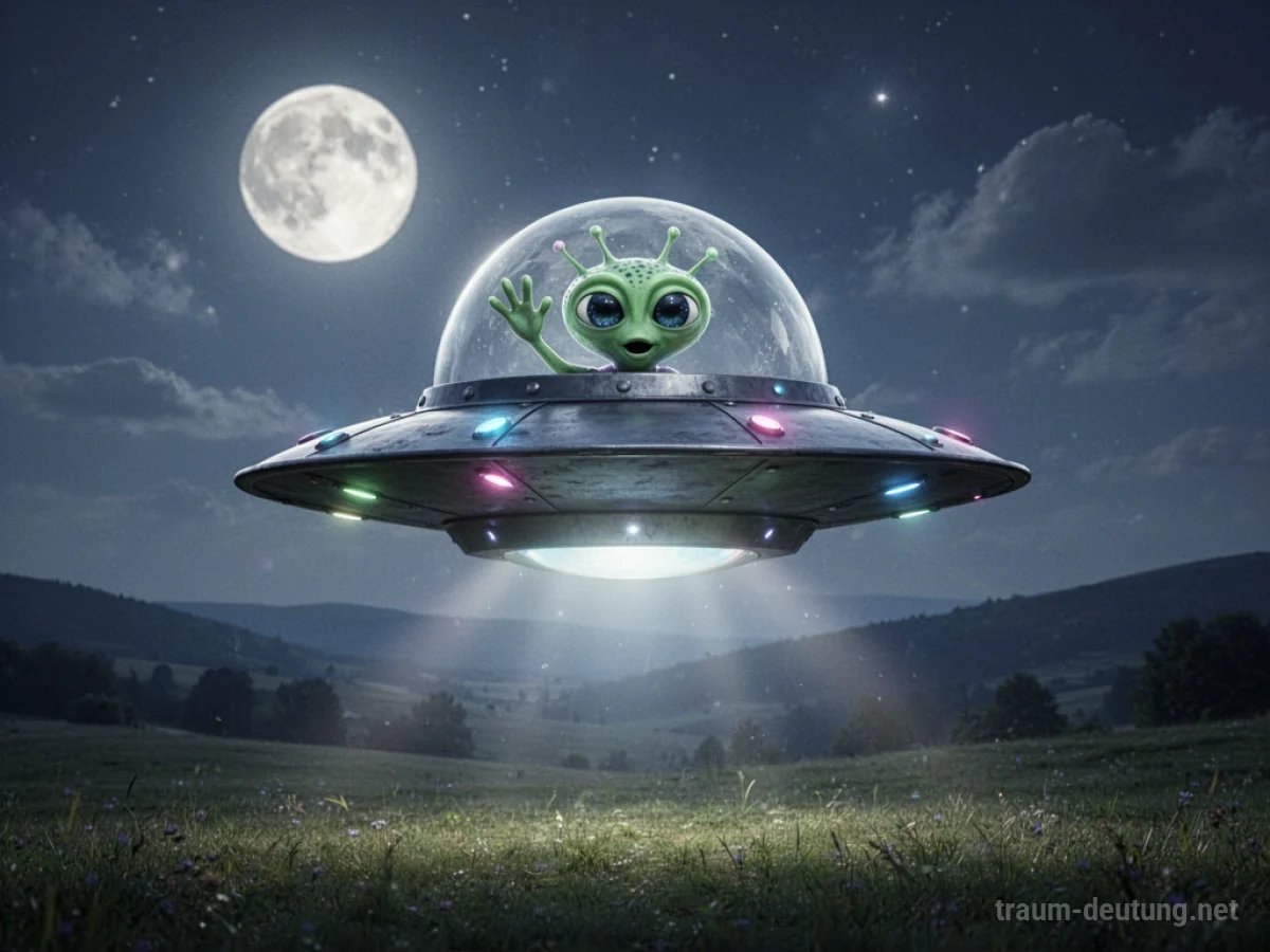 Freundlicher Alien winkt aus einem UFO über einer Mondlandschaft