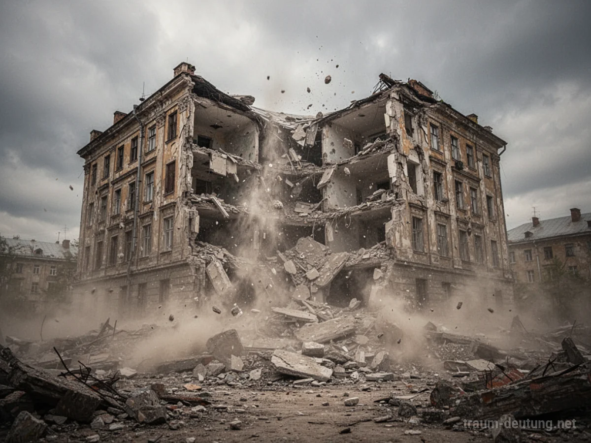 Ein altes Gebäude stürzt in sich zusammen, Staub und Trümmer fallen.