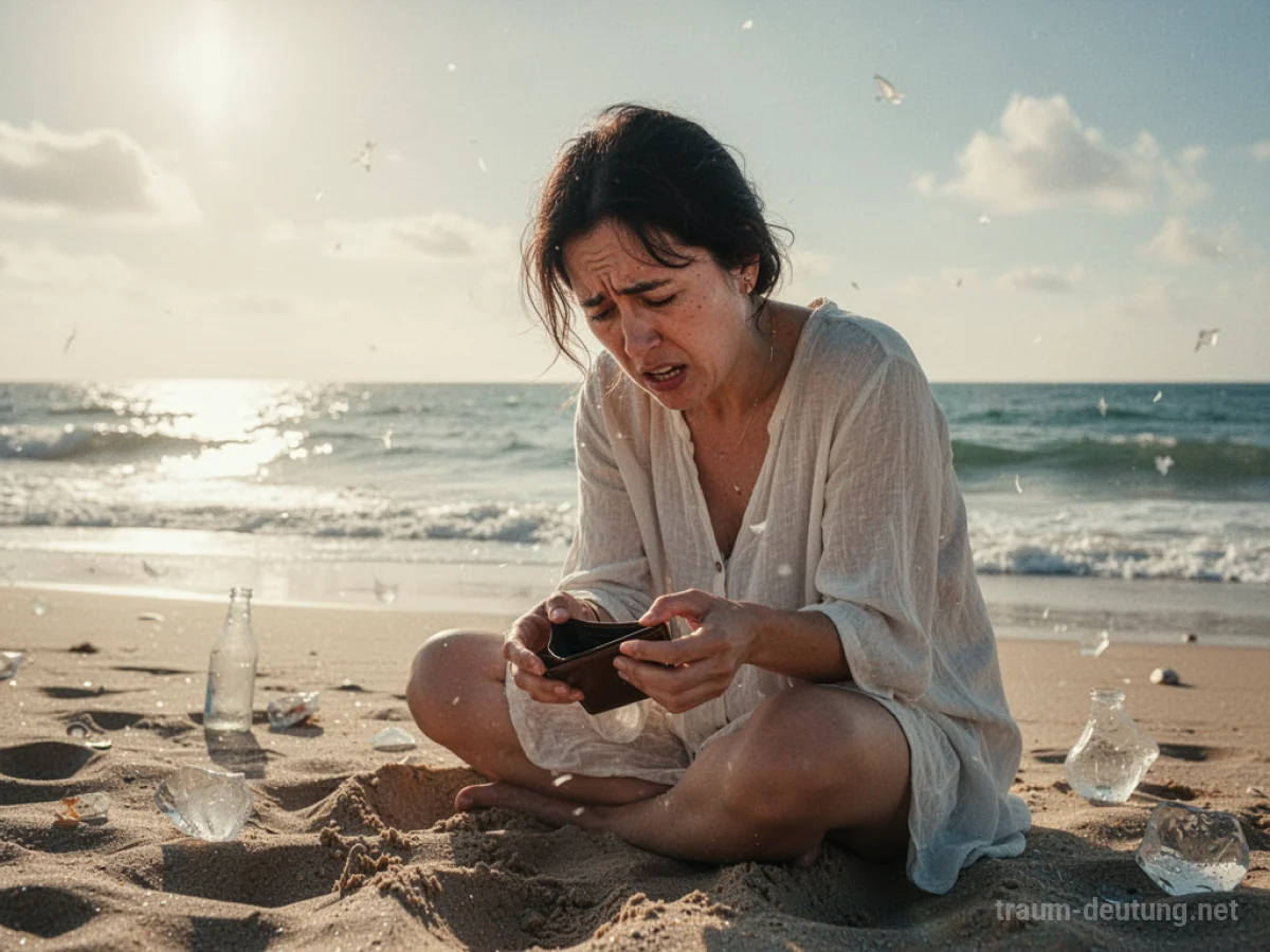 Eine Person sucht verzweifelt in ihrer leeren Geldbörse am Strand.