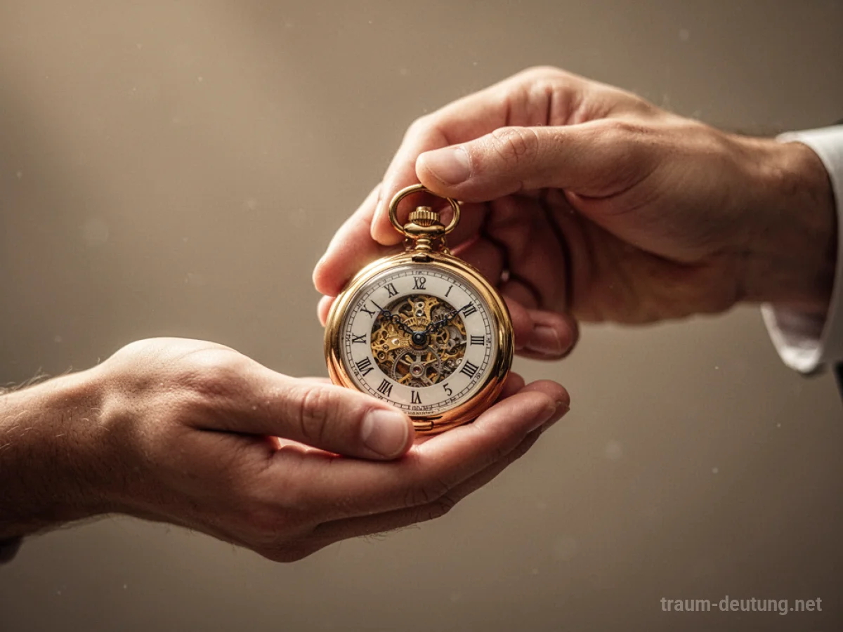 Eine Hand reicht eine goldene Taschenuhr als Geschenk.