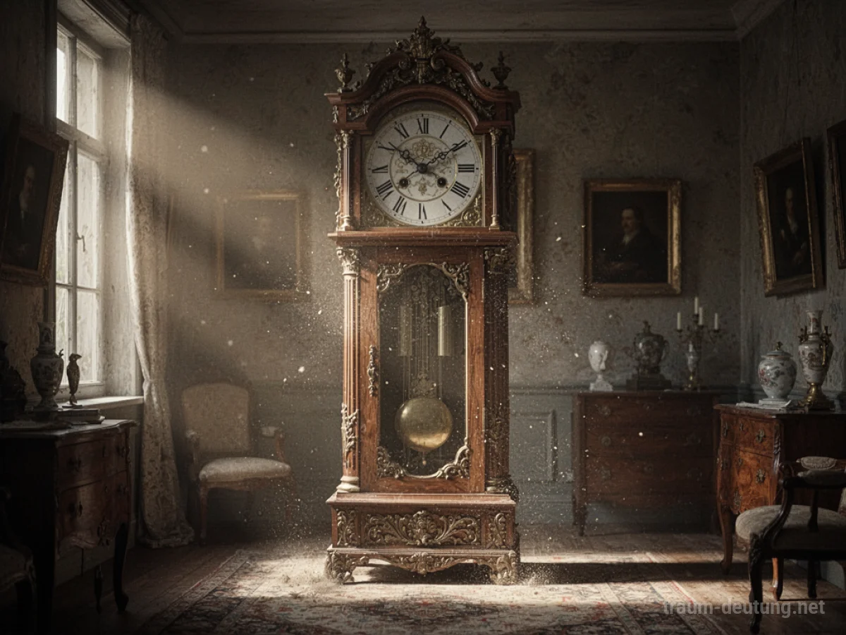 Eine große, alte Wanduhr mit Pendel in einem staubigen Raum.