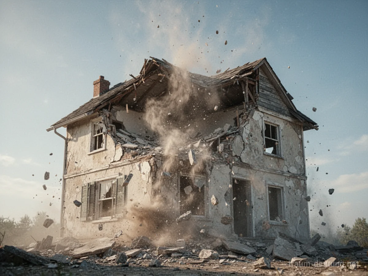 Ein Haus, das von oben nach unten zerfällt, mit Staub und Trümmern.
