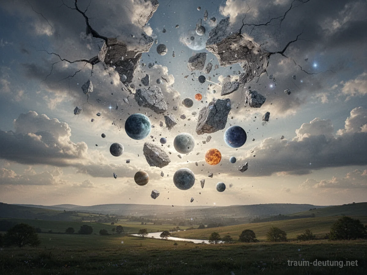 Symbolische Darstellung des herabfallenden Himmels mit Wolkenfragmenten über einer Landschaft.