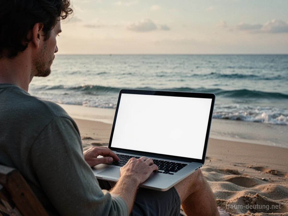 Person arbeitet am Laptop am Strand während des Urlaubs