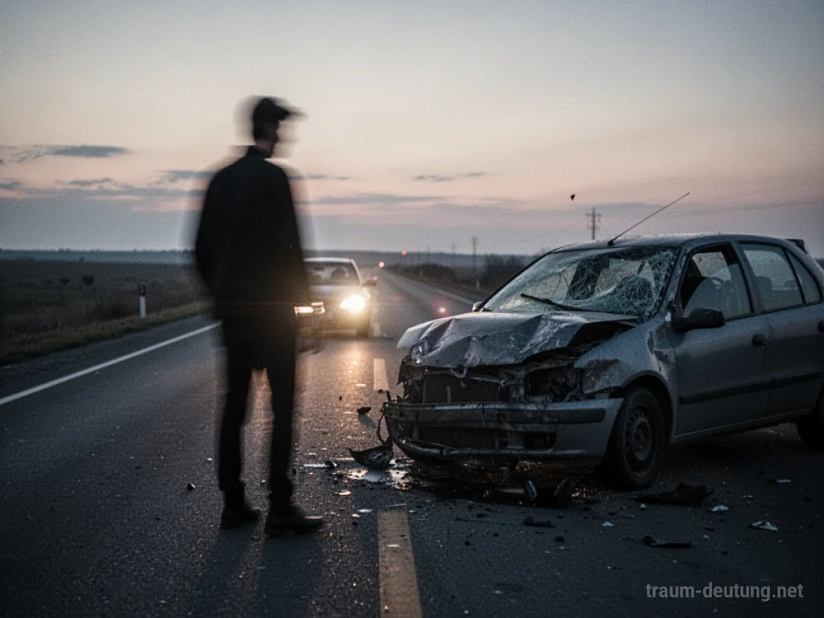 Silhouette einer Person neben einem beschädigten Auto auf einer dunklen Straße