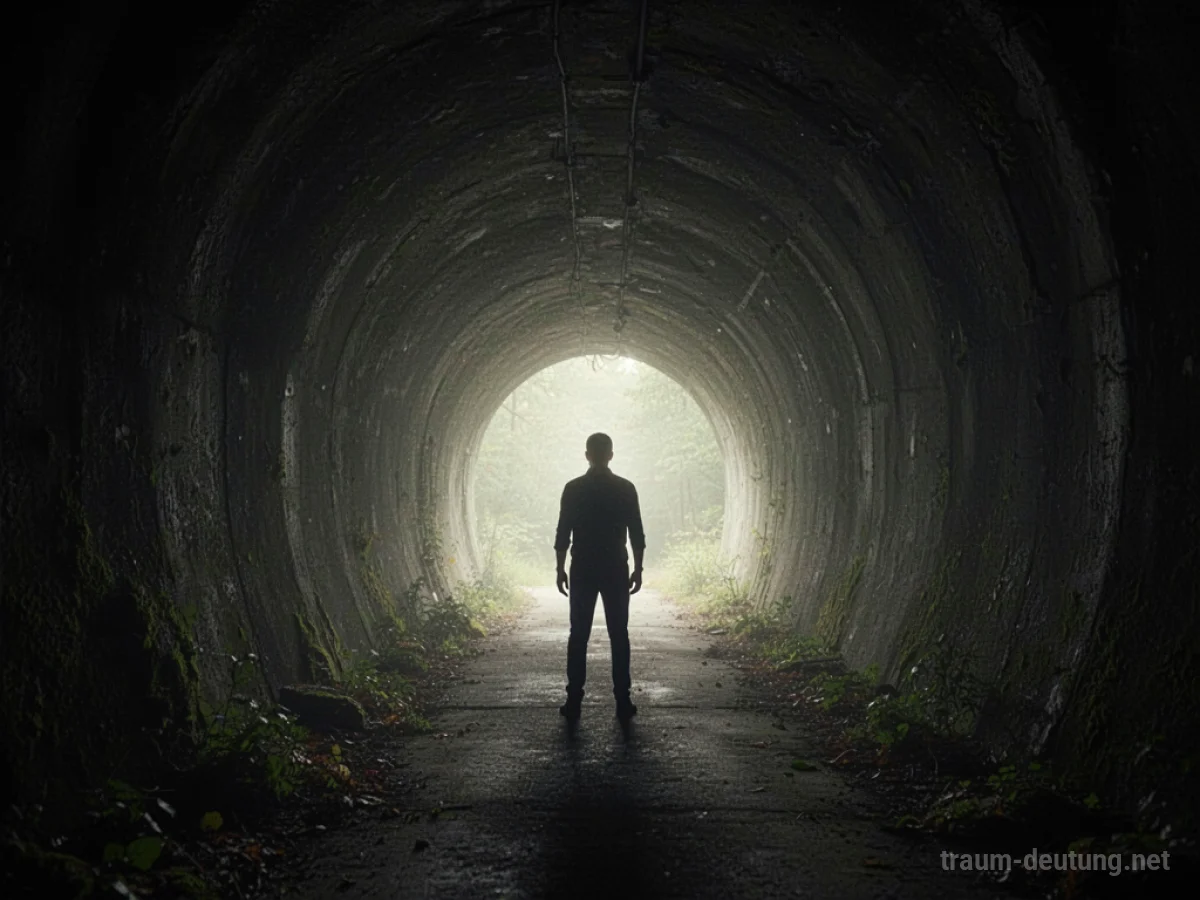 Silhouette einer Person, die aus einem dunklen Tunnel ins Licht tritt.