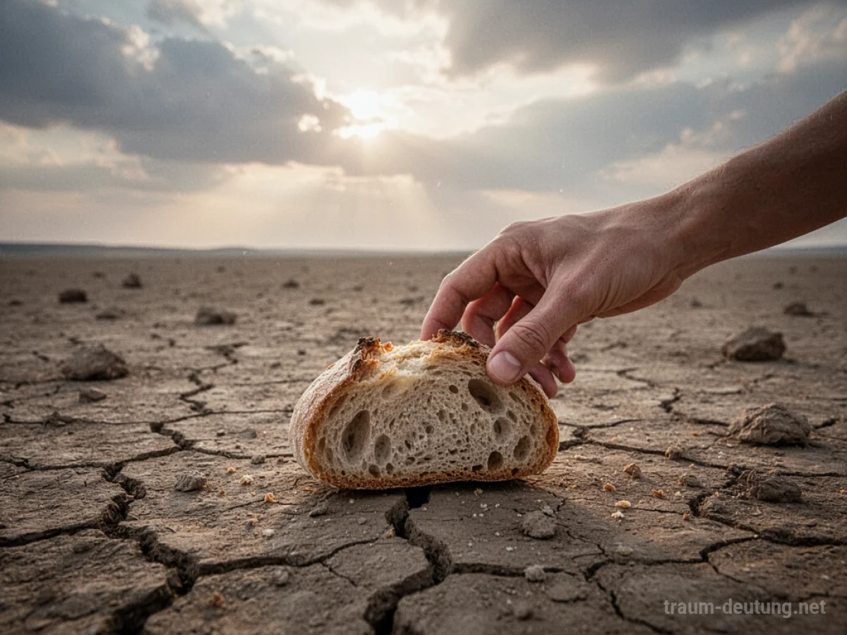 Hand greift nach Brot auf karger Erde, Sonnenstrahlen brechen durch Wolken.