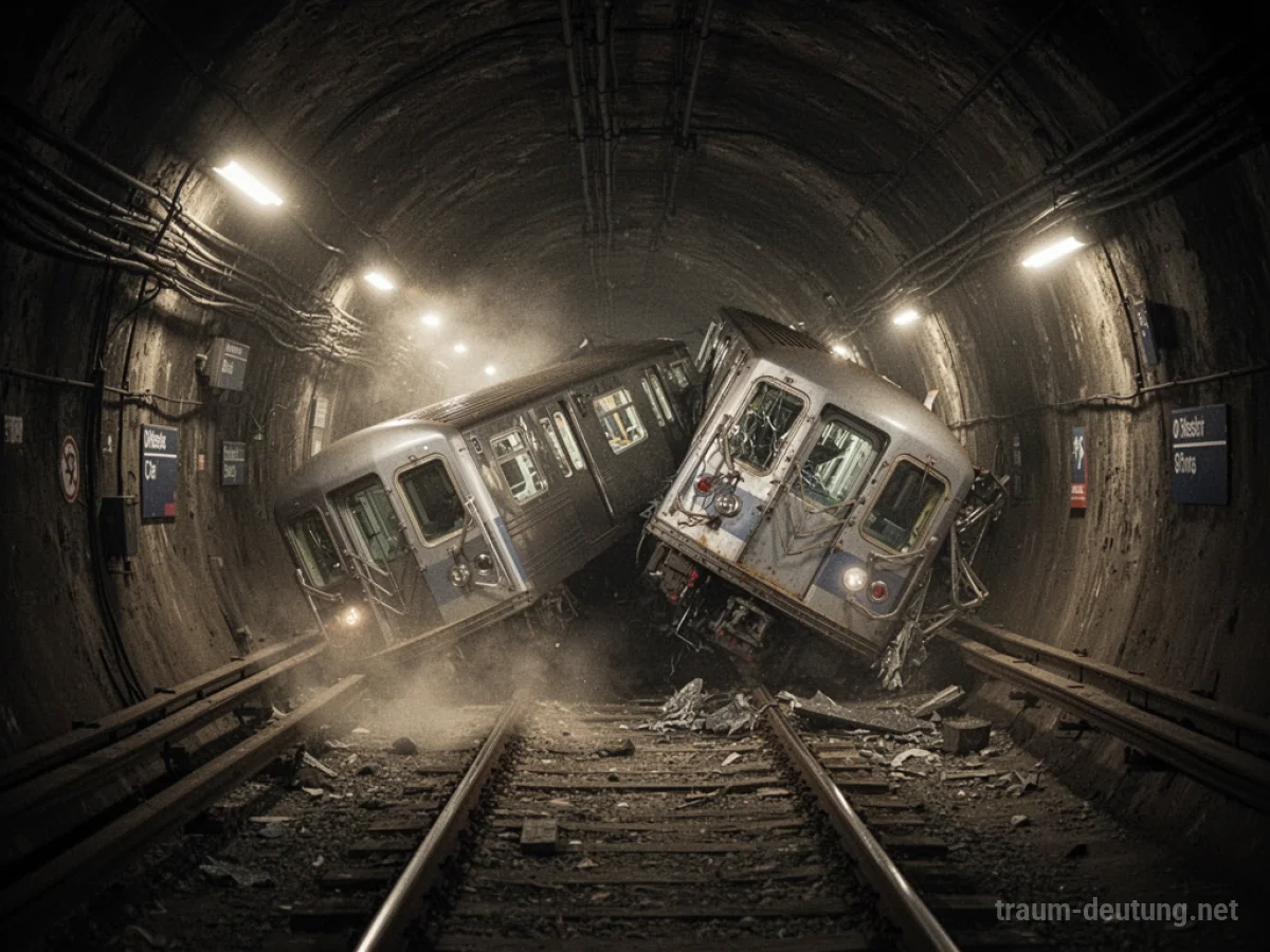 U-Bahn-Waggons nach einem Unfall in einem dunklen Tunnel