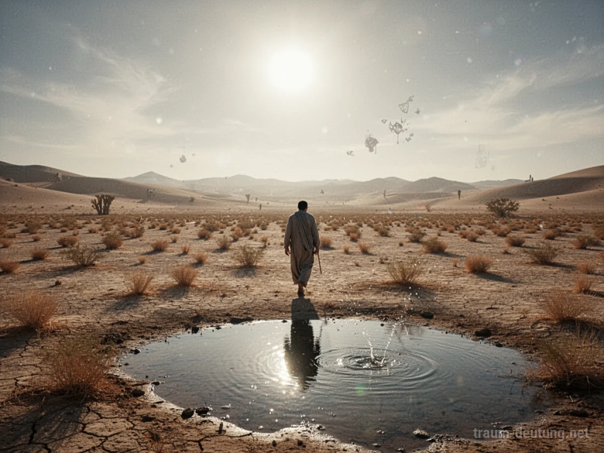 Eine Person sucht in einer trockenen Wüstenlandschaft nach Wasser.