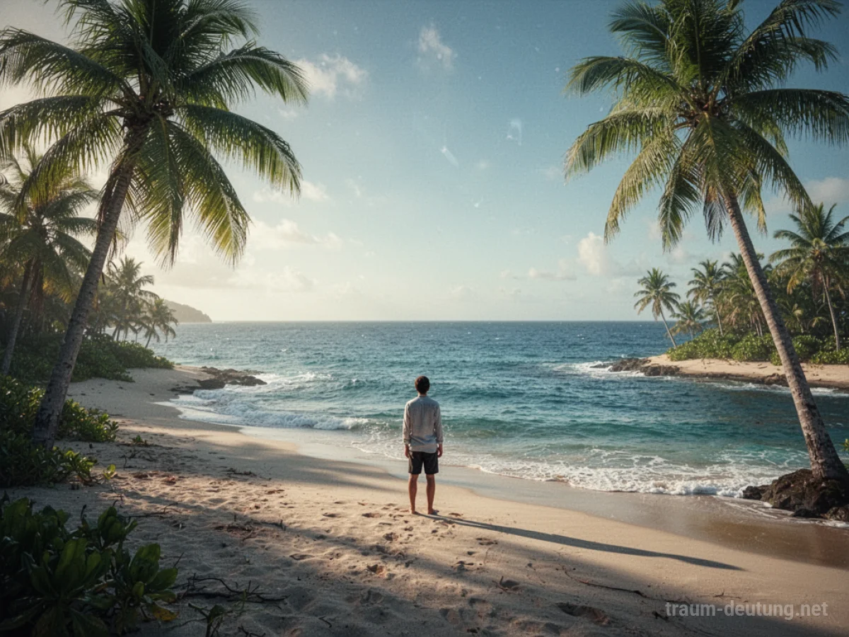 Person überlebt auf einer einsamen Insel am Strand mit Palmen und Meer.
