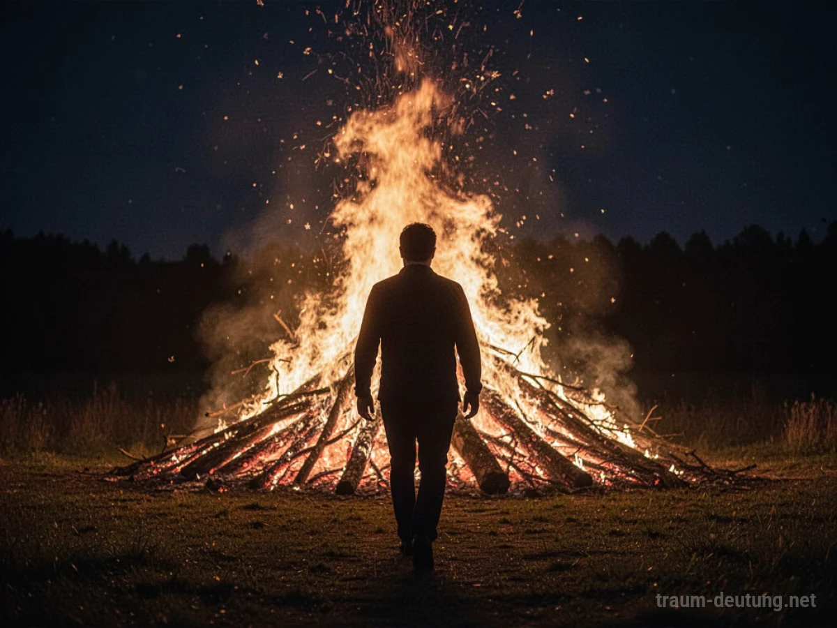 Silhouetten einer Person, die sich von einem großen Lagerfeuer entfernt, im Dunkeln.
