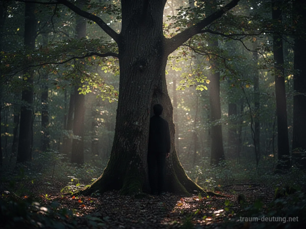Silhouettenhafte Figur, die sich hinter einem Baum versteckt.