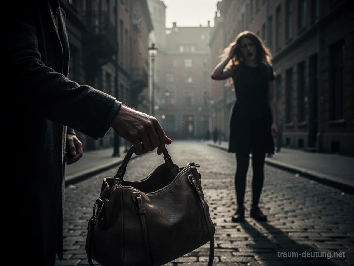 Schattenhafte Figur greift in eine offene Tasche, während eine Silhouette einer Person wegschaut.