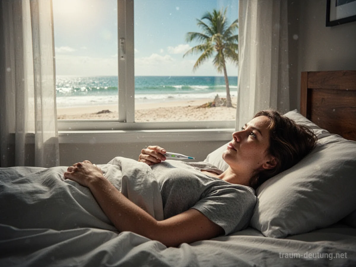 Person im Bett mit Thermometer blickt sehnsüchtig auf eine sonnige Strandlandschaft.
