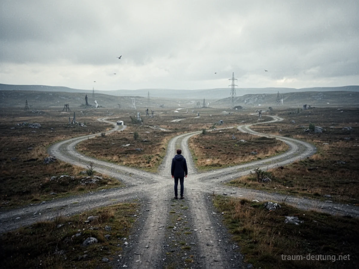 Eine einsame Figur steht an einer Weggabelung in einer unbekannten Landschaft.