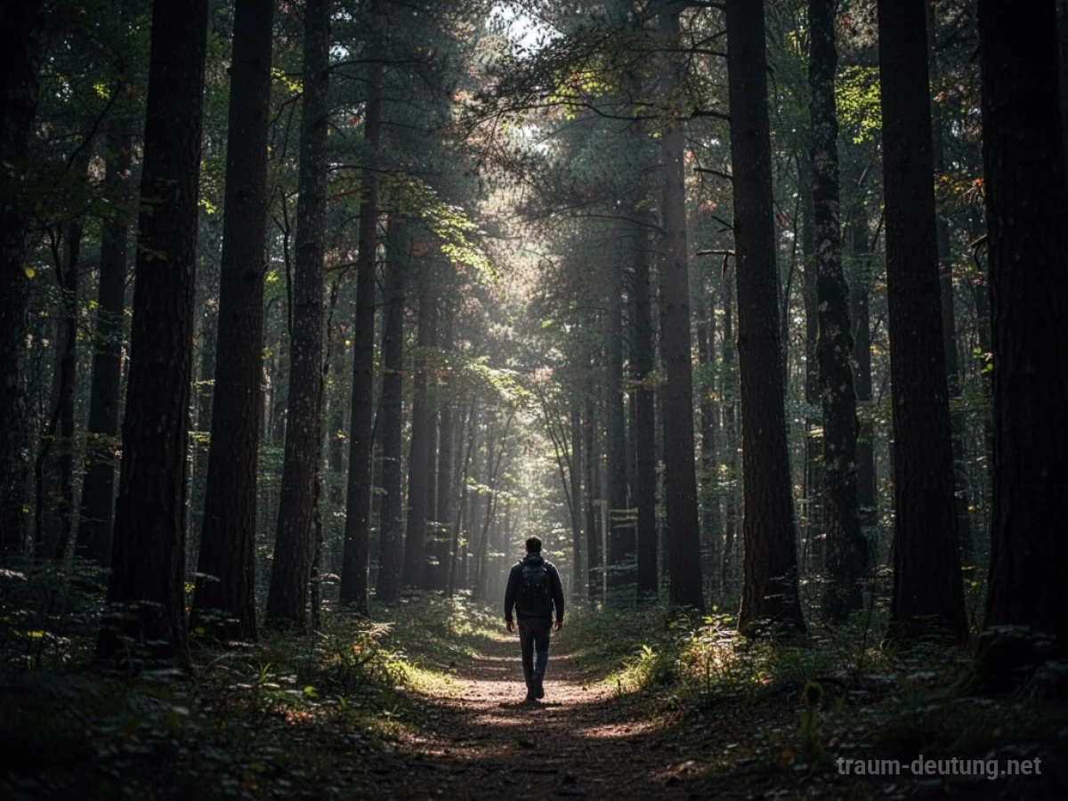Eine Person, die allein durch einen dichten, dunklen Wald geht, Sonnenlicht fällt durch die Bäume.