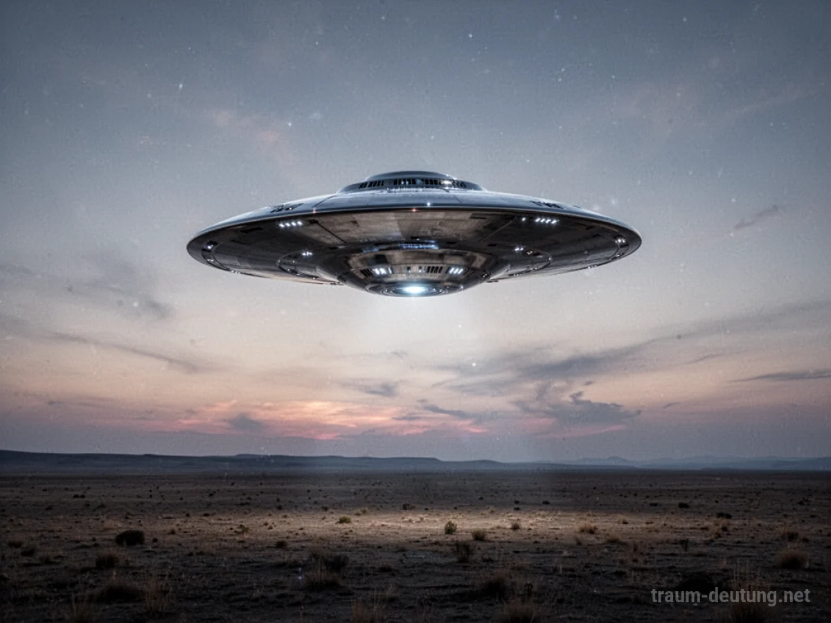 Ein UFO schwebt über einer einsamen Landschaft im Zwielicht.