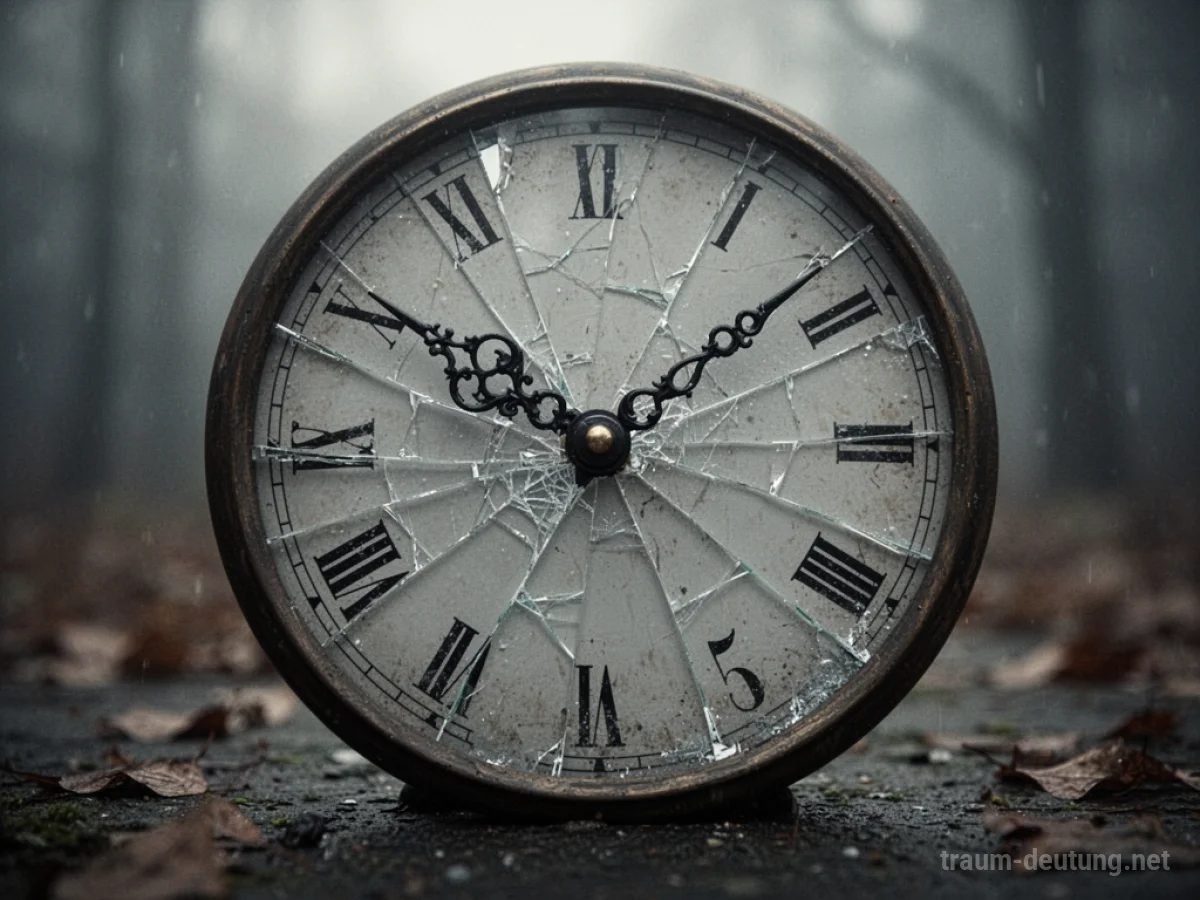 Kaputte Uhr mit zerbrochenem Zifferblatt und feststeckenden Zeigern.