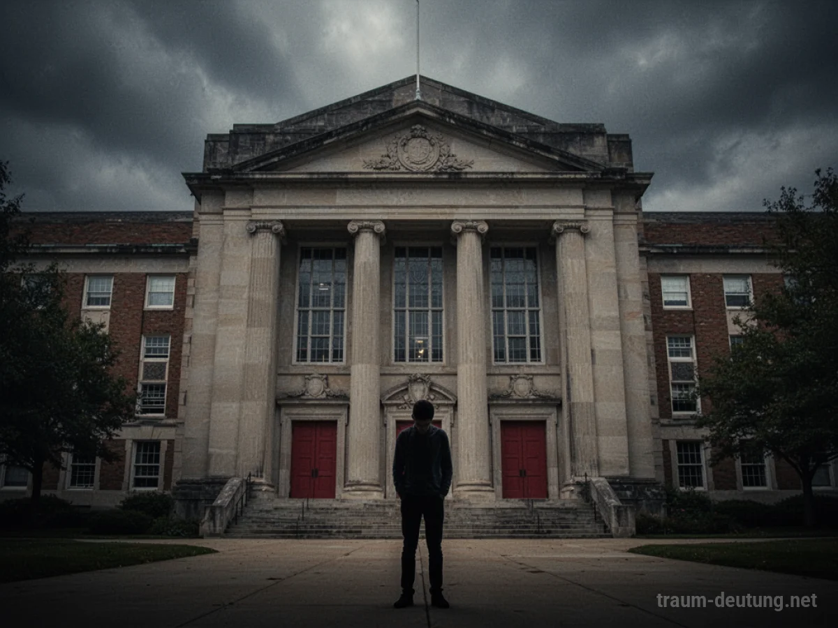 Silhouette einer Person vor verschlossener Universitätstür mit dunklem Himmel