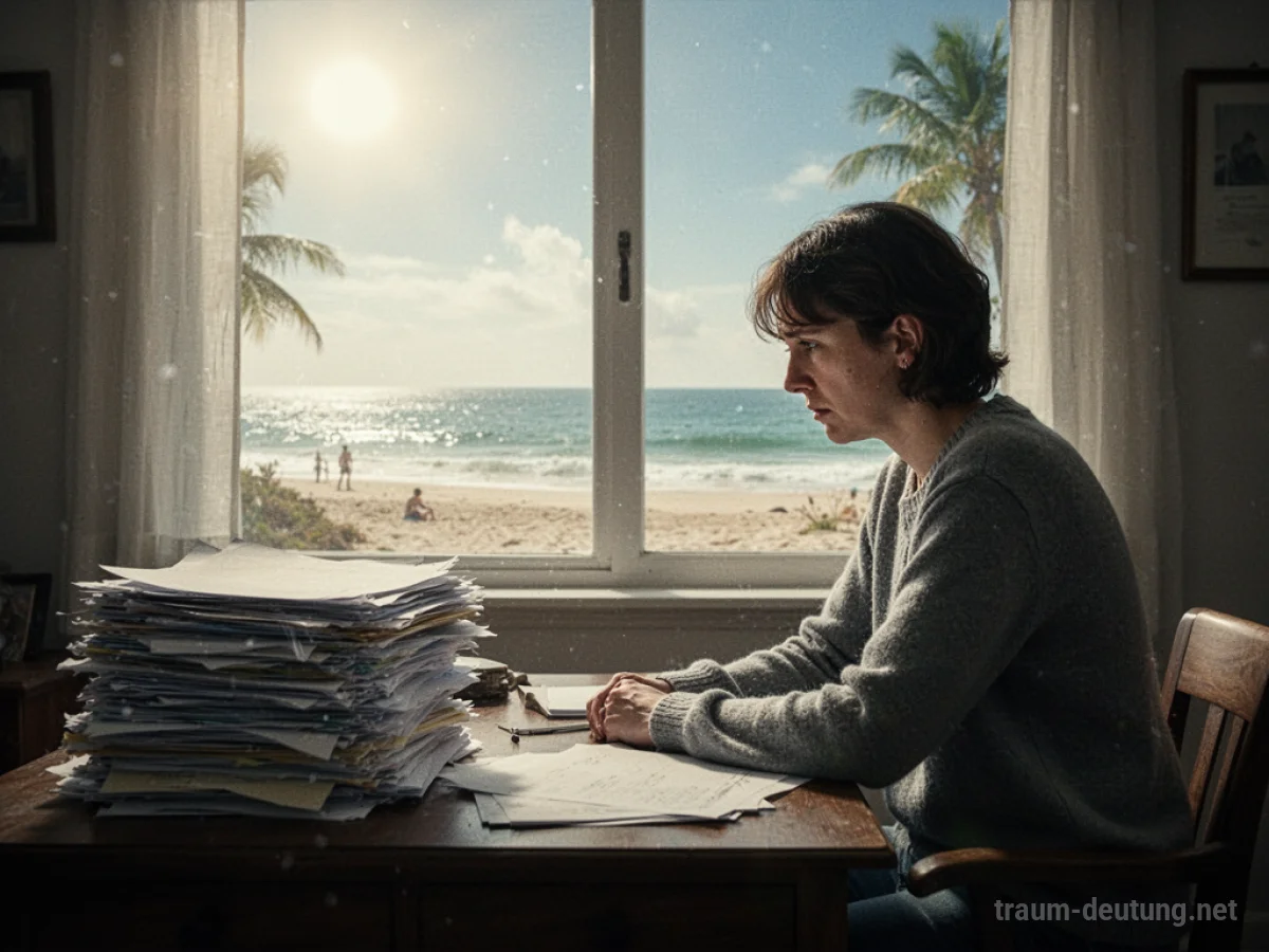 Person blickt aus dem Bürofenster auf einen Strand, während sie keinen Urlaub bekommt.
