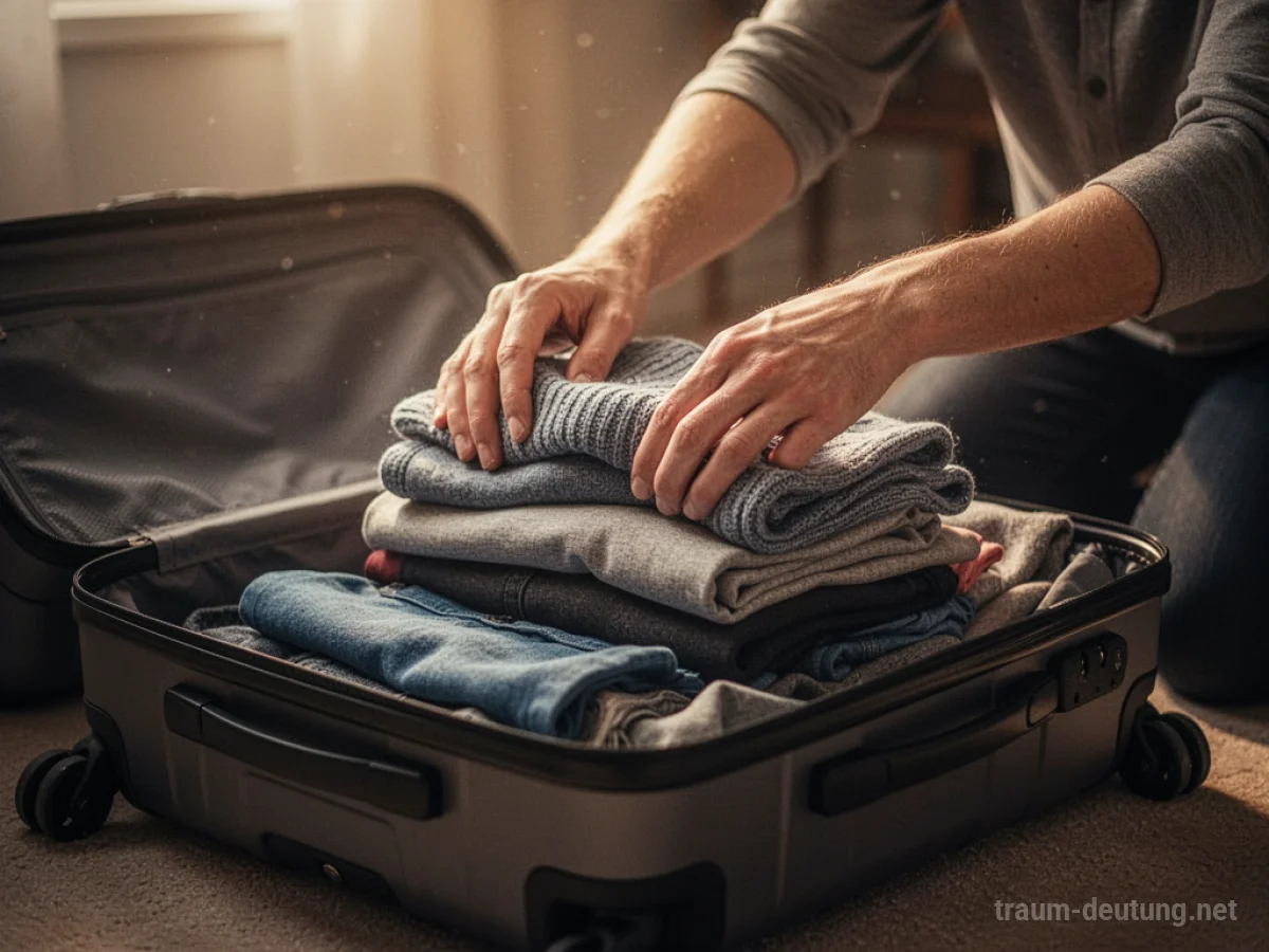 Hände packen Kleidung in einen offenen Koffer für den Urlaub