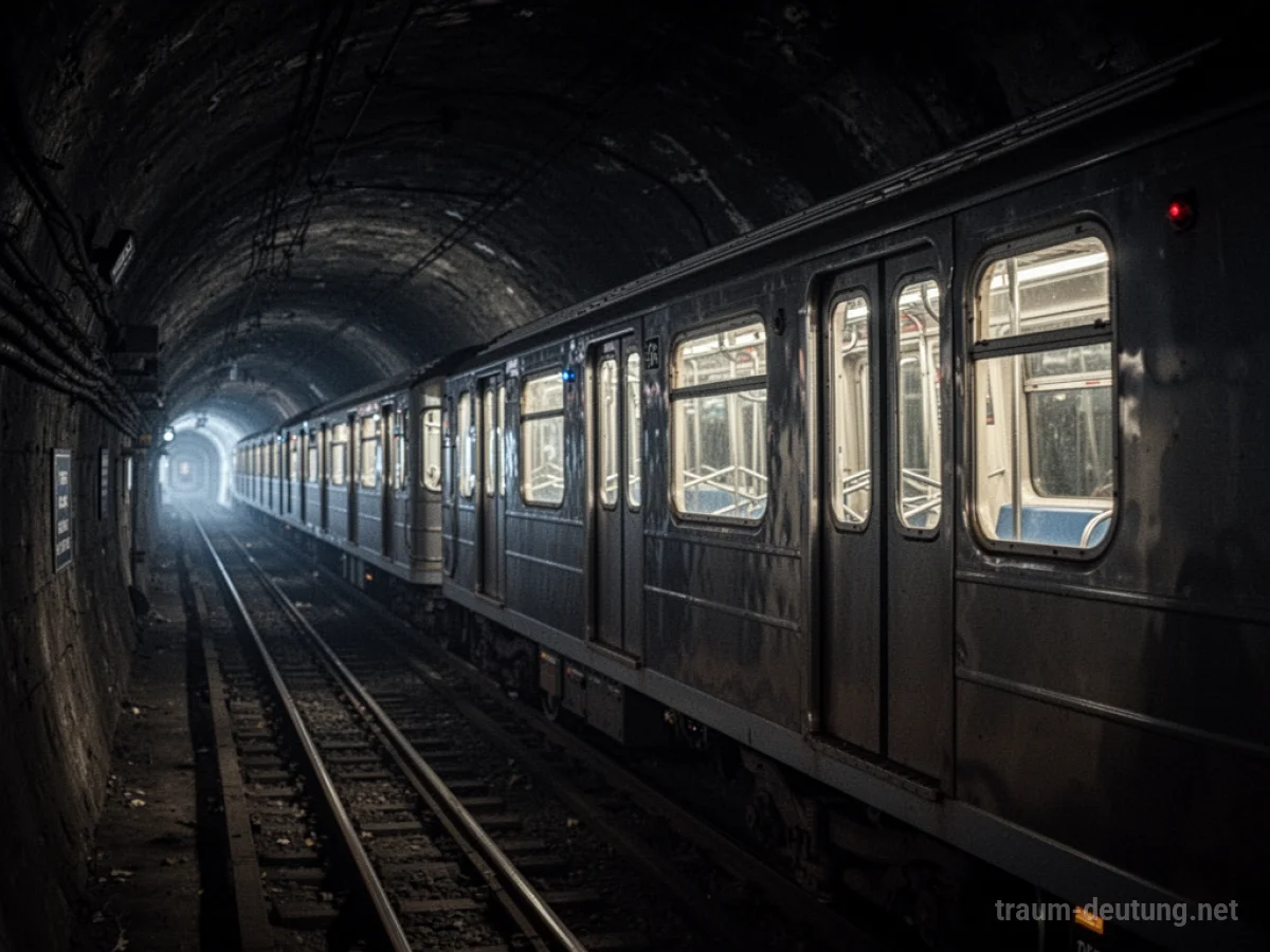Eine leere U-Bahn fährt durch einen dunklen Tunnel.