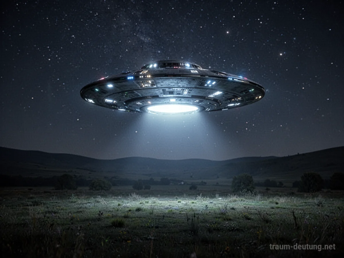 Leuchtendes UFO schwebt nachts über einer dunklen Landschaft.