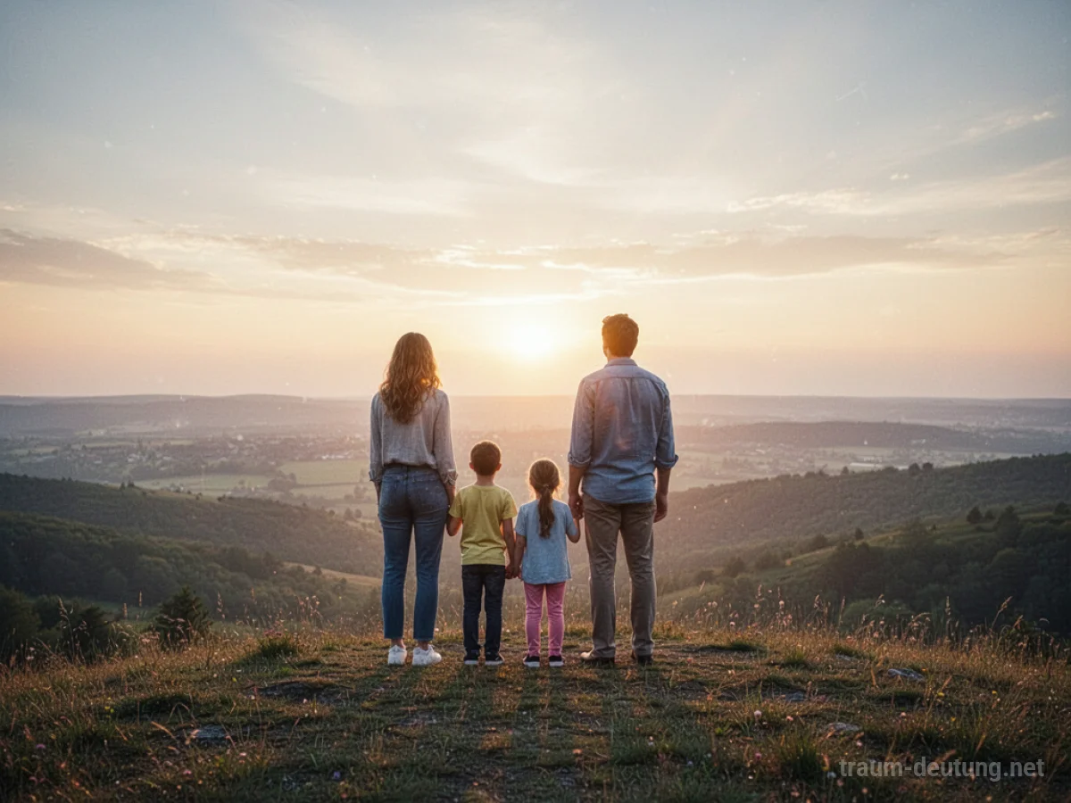 Familie steht vereint auf einem Hügel, blickt auf den Horizont.