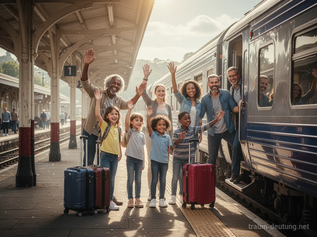 Familie steigt in einen Zug für eine gemeinsame Reise.