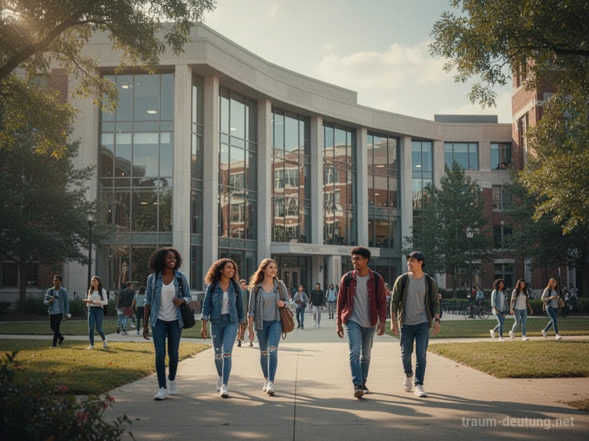 Moderne Universität mit Studenten auf dem Campus im Sonnenschein
