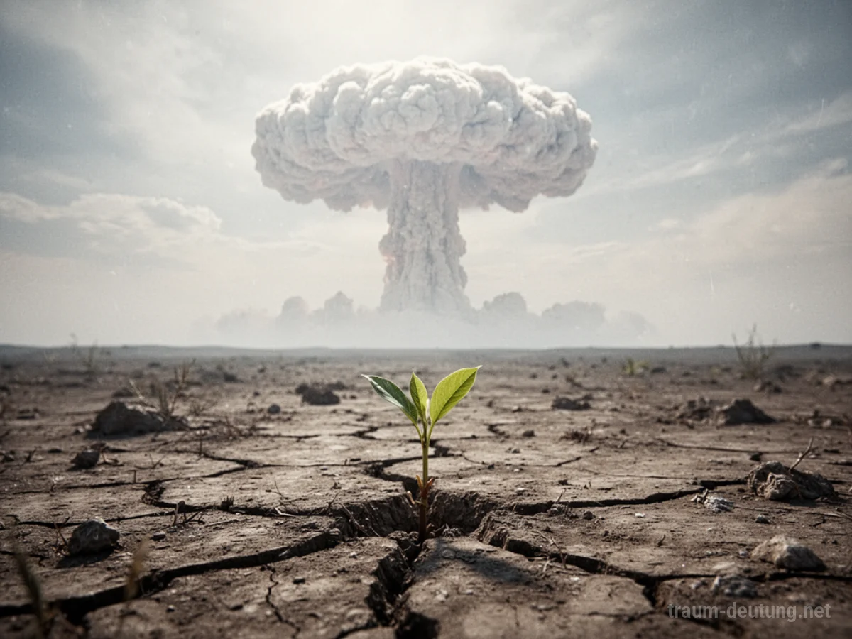 Verwüstete Landschaft nach einer nuklearen Explosion mit einer einzelnen Pflanze, die wächst.