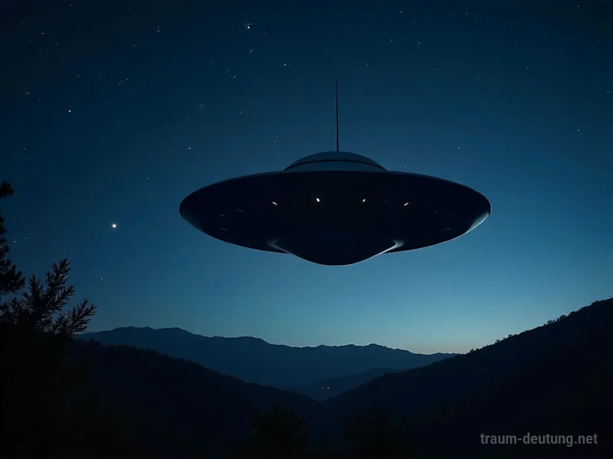 Ein silbernes UFO schwebt lautlos über einer dunklen Landschaft bei Nacht.