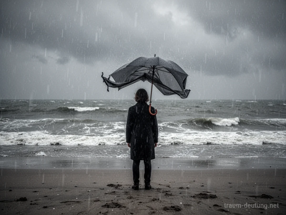 Person steht im Regen am Strand während des Urlaubs