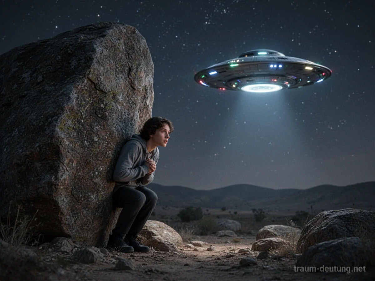 Person versteckt sich hinter einem Felsen und blickt auf ein UFO am Nachthimmel