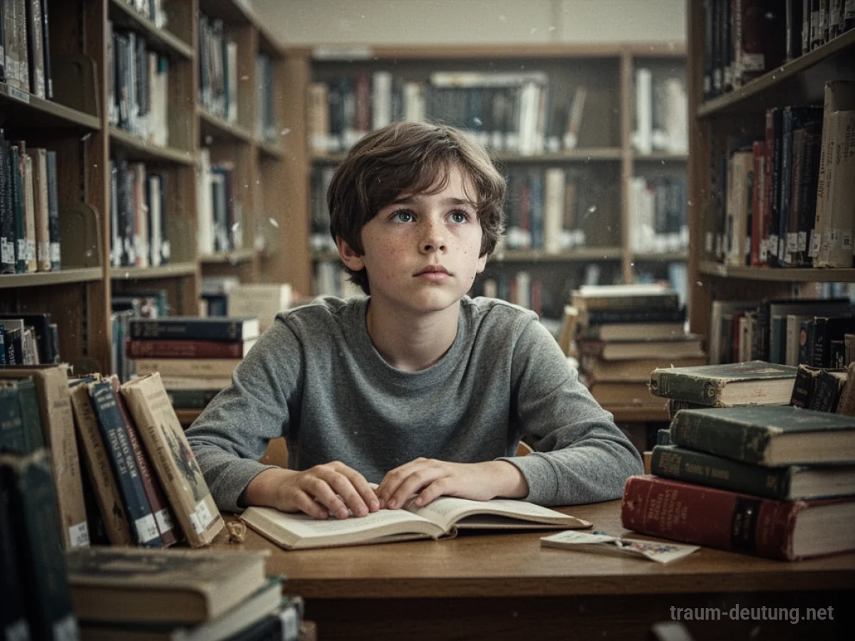 Student sitzt nachdenklich an einem Schreibtisch in einer Bibliothek.