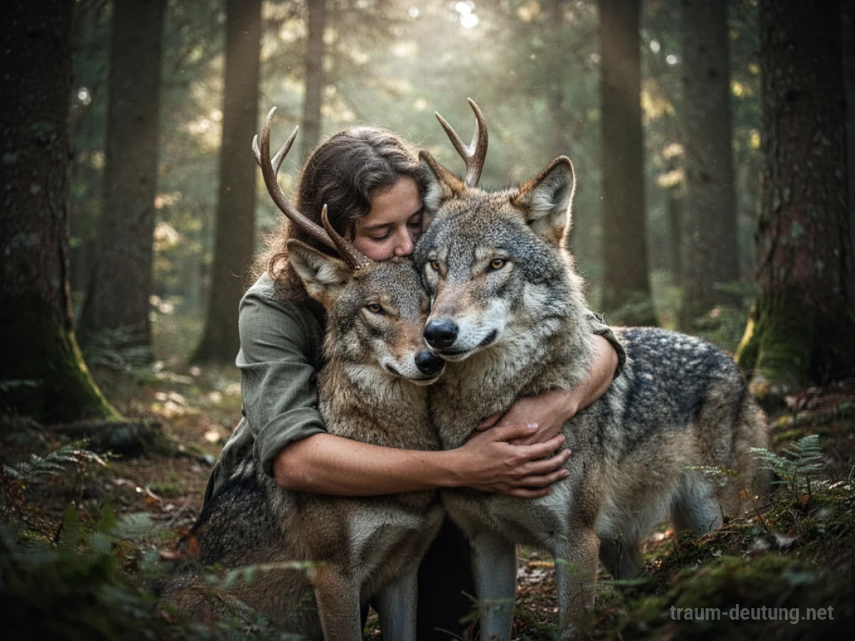 Eine Person umarmt sanft ein ruhiges Wildtier im Wald.