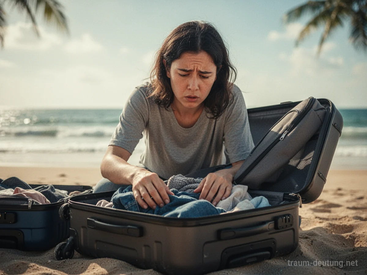 Eine Person packt zögerlich einen Koffer, während im Hintergrund ein Strand verschwimmt.