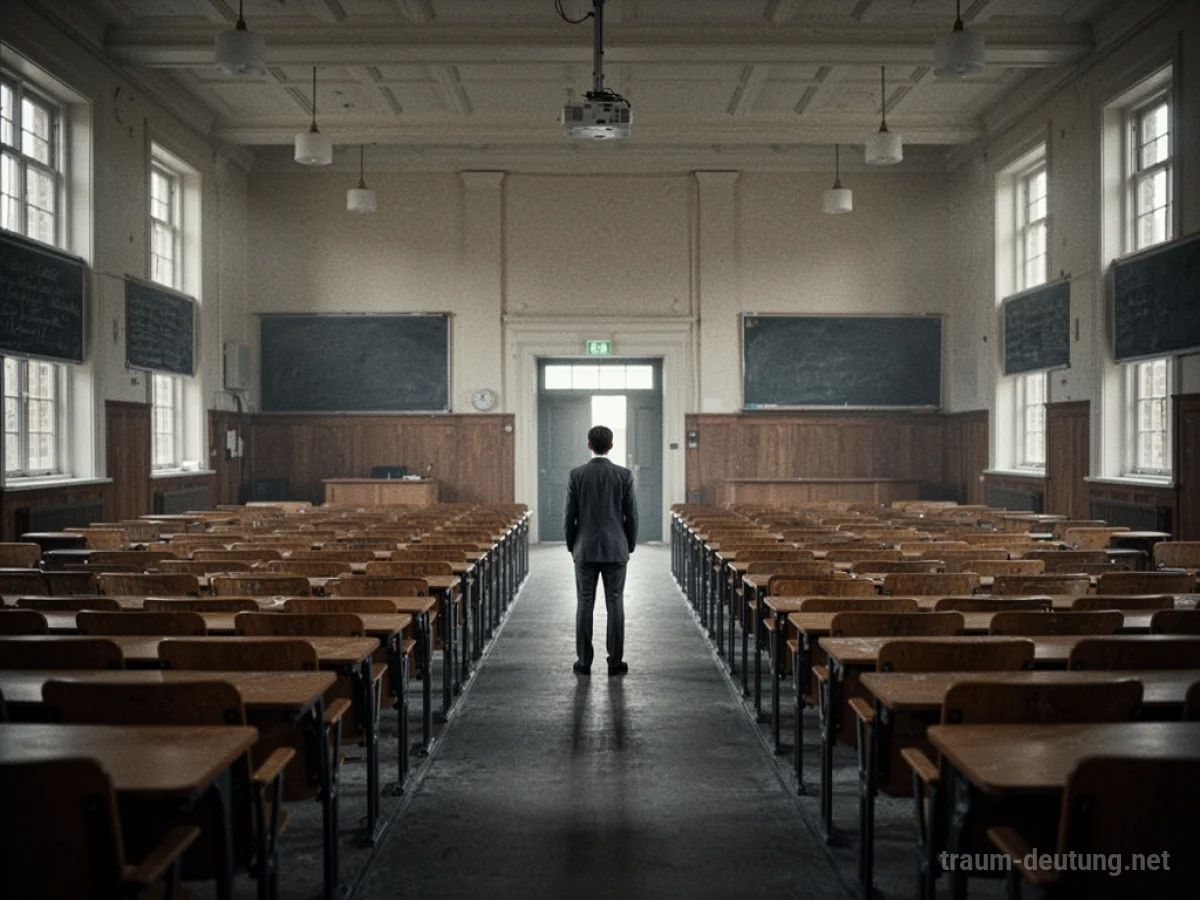 Eine einzelne Person in einem leeren Hörsaal der Universität blickt auf einen fernen Ausgang.
