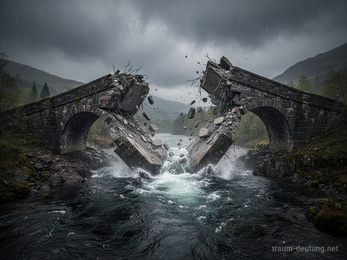 Eine Steinbrücke stürzt in einen reißenden Fluss, umgeben von stürmischem Wetter.