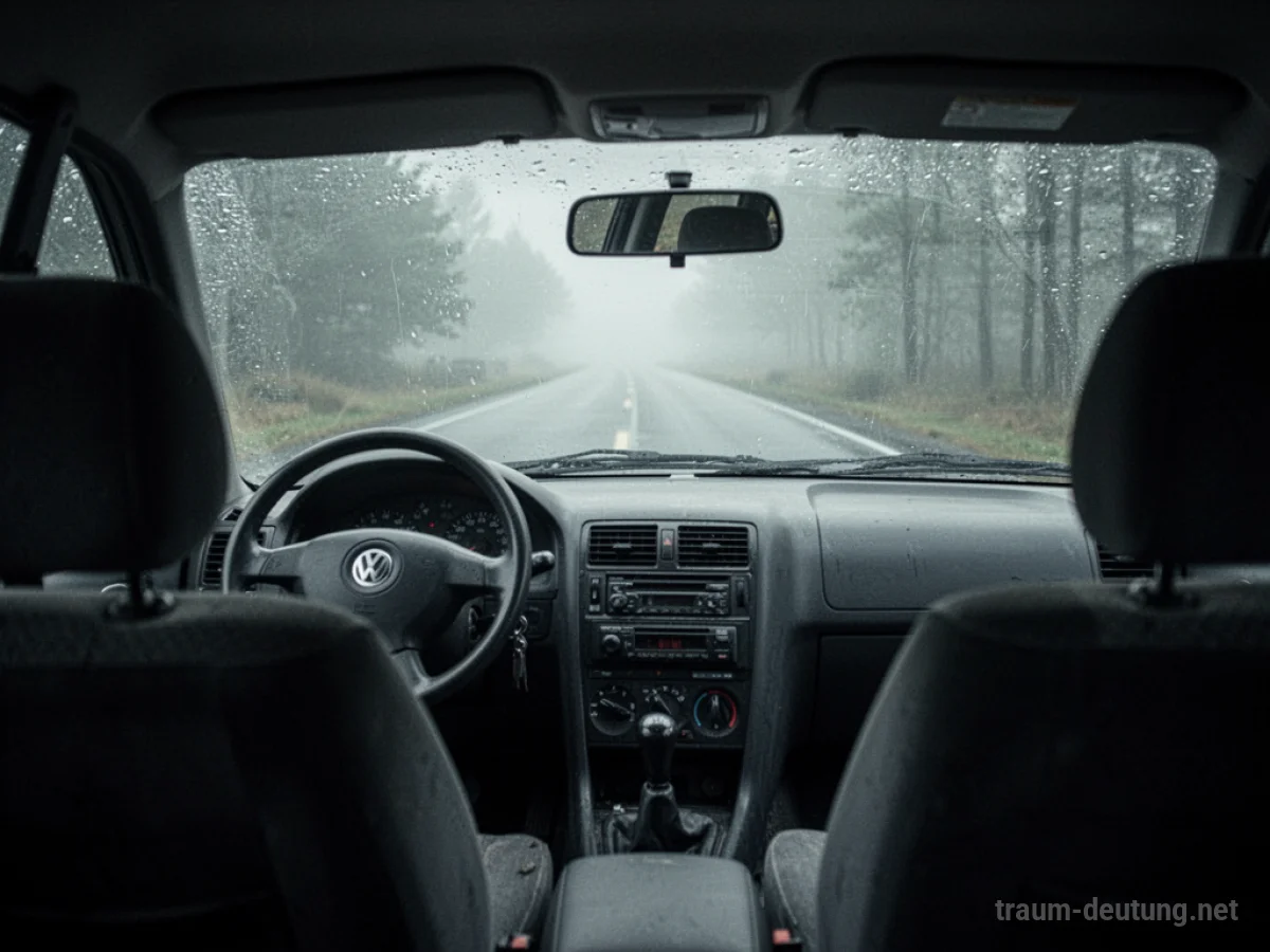 Blick aus dem Auto auf die Straße, wobei der Beifahrersitz leer ist