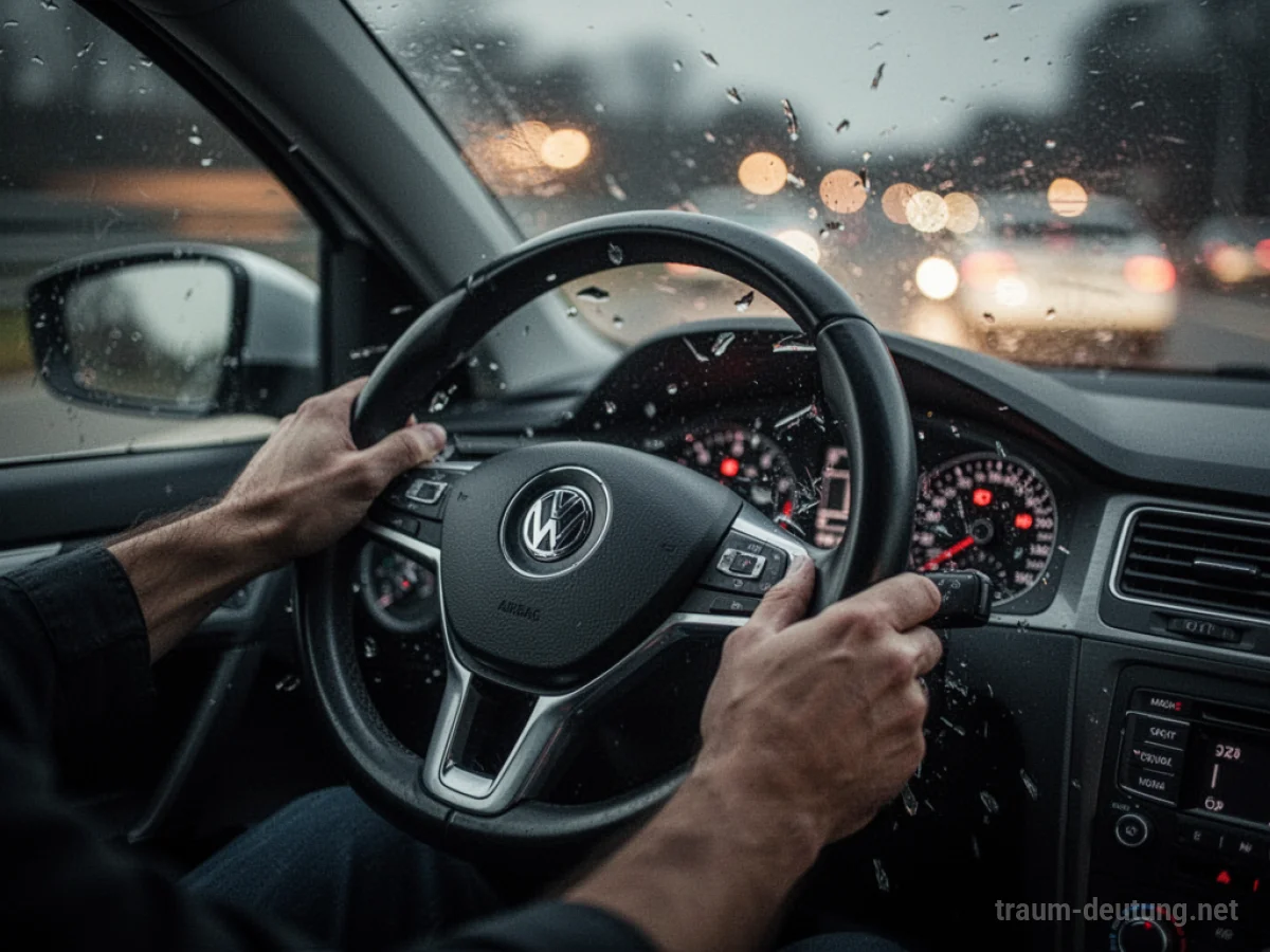 Lenkrad eines Autos, das im Traum eine scharfe Kurve macht.