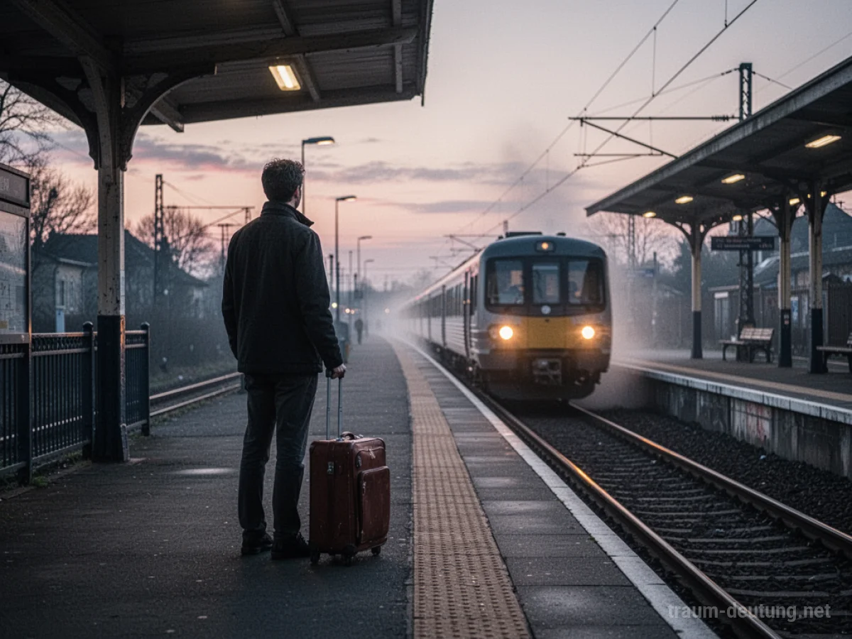 Eine Person steht mit Koffer auf einem Bahnsteig und blickt einem abfahrenden Zug nach.