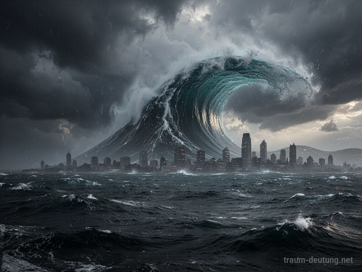 Gigantische Welle eines Tsunamis nähert sich einer Stadt unter stürmischem Himmel.