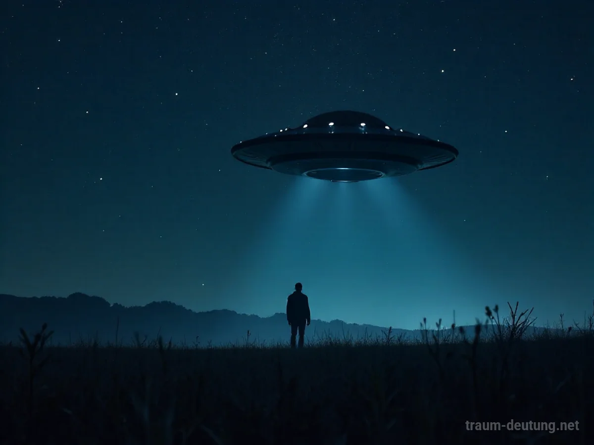 Ein UFO schwebt nachts über einer einsamen Person auf einem Feld.