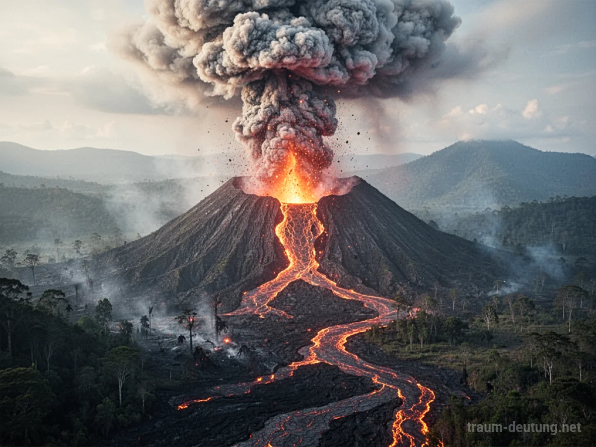 Vulkan bricht aus und zerstört eine Landschaft mit Lava und Asche